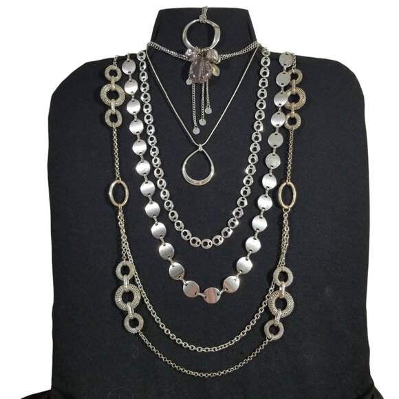 Silvery Necklace Bundle Circles & Ovals 5 1/2 Pieces Choker to Rope - Picture 1 of 12